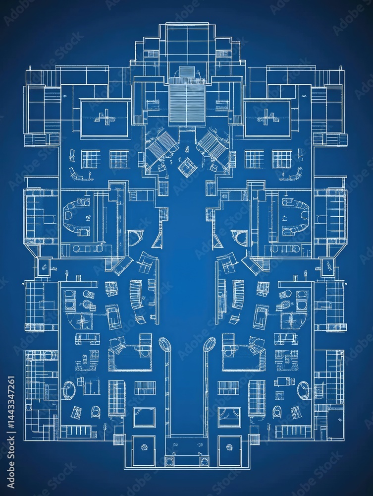 Aufkleber architectural blueprint illustration features a top-down view of an elaborate building plan with det