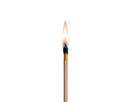 Captivating close up of a single matchstick with a vibrant flame illuminating against a plain backdrop, highlighting the element of fire and its inherent power