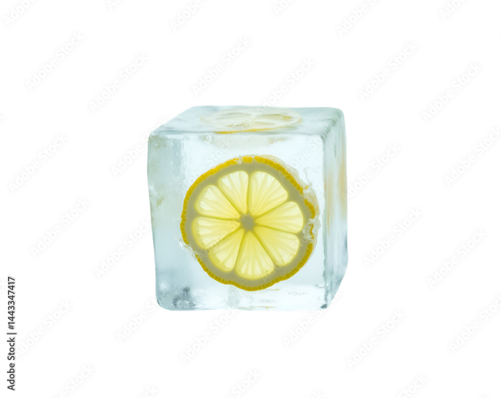 Poster captivating close up shot of a solitary translucent cube of ice, encapsulating a vibrant lemon slice