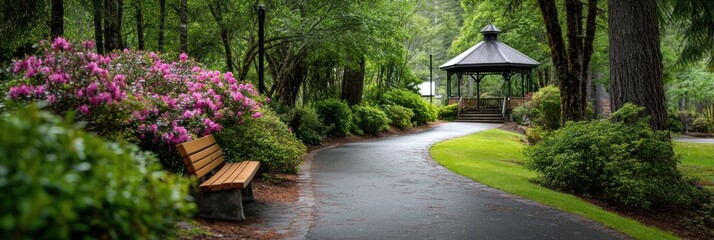Lush park pathway with a gazebo and blooming flowers