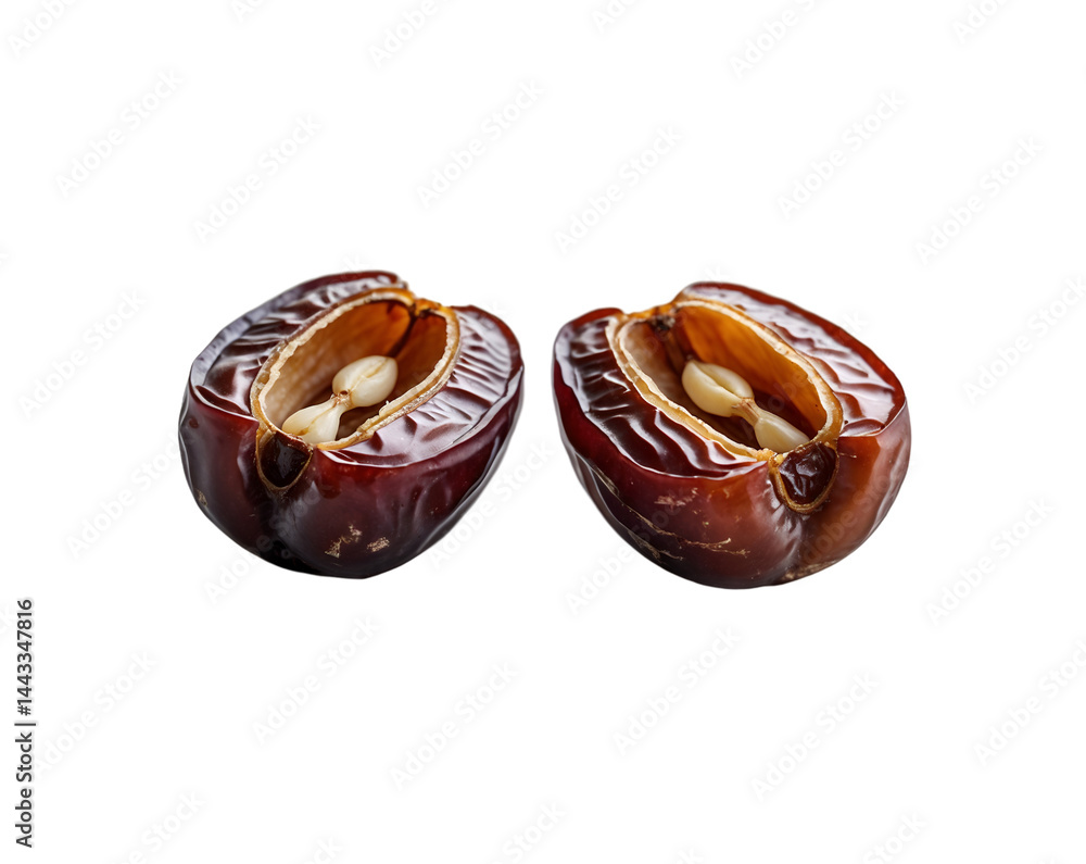 Poster captivating close up of two date halves showcasing their inner pit detail against a uniform field pe