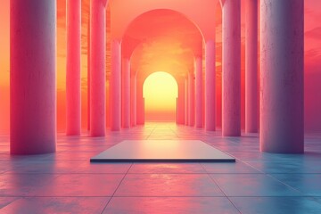 Fototapeta premium Futuristic architectural corridor with city skyline at sunset