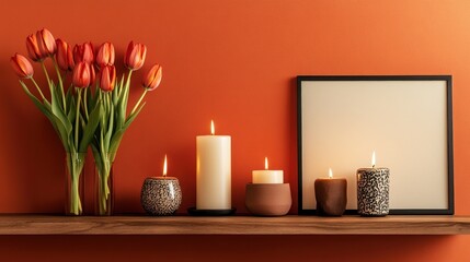 Cozy Home Decor: Burning Candles, Tulips, and a Frame