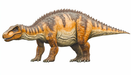Obraz premium Detailed illustration of a powerful, orange and brown dinosaur, showcasing its scales and imposing presence against a white background. Ideal for educational or artistic projects.