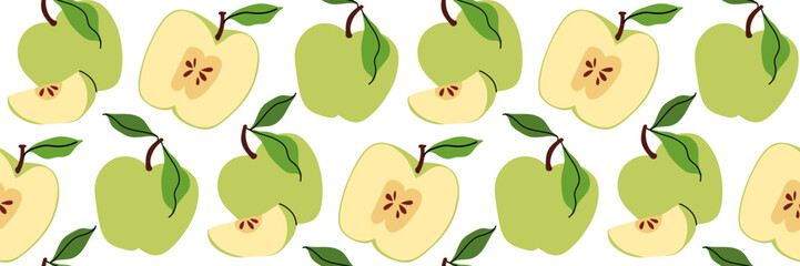 Seamless pattern with green apples, whole and one sliced in half showing pit. Spring garden background. Perfect for textile, menu, packaging, kitchen design. Flat vector illustration.