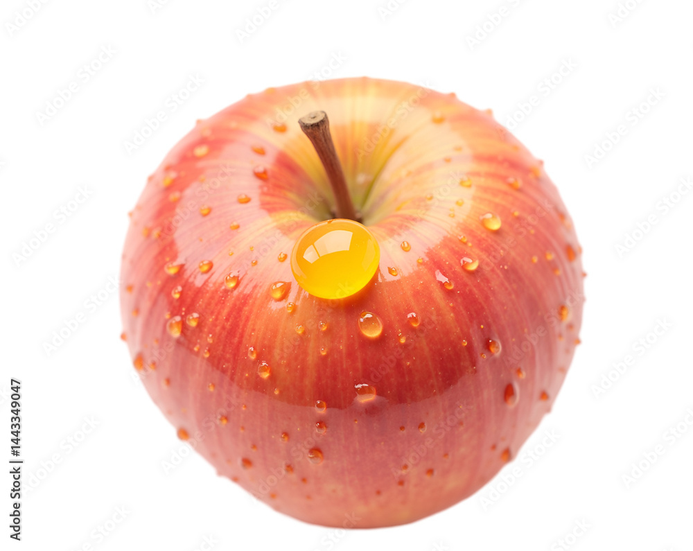 Poster captivating close-up of a ripe red apple glistening with refreshing water droplets enhancing its tex