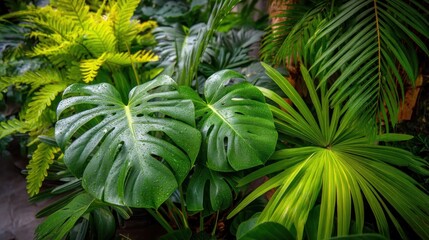 Lush tropical plants with vibrant green foliage