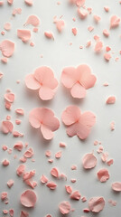 Light pink petals and blossoms are scattered across a white surface creating a soft floral pattern