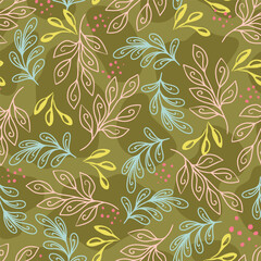 Green Linear Leaves Vector Seamless Pattern