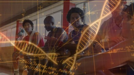 Male basketball players sitting on bench in gym, showing sports technology via DNA helix data grid - Powered by Adobe