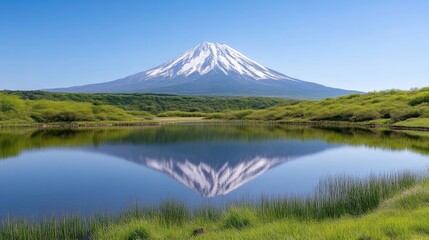 Fototapeta premium Snow-capped mountain peak reflecting in a calm lake under a clear blue sky during a bright sunny day.
