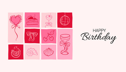 Birthday celebration banner with festive doodles. Cake, drinks, and party sketch elements. Wedding, holiday, party decoration background. Coquette Aesthetic style. Elegant vector illustration.