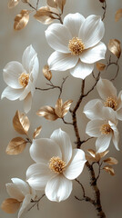 Elegant white blossoms with golden leaves on a textured branch against a soft neutral background
