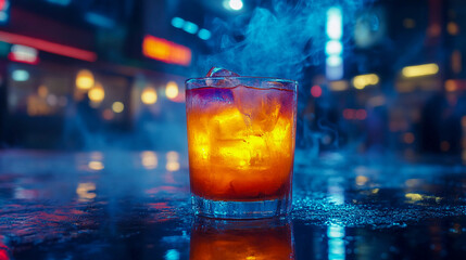 A cocktail glass filled with ice against the backdrop of a city at night. Steam rises around the glass. The surface reflects the lights of the city and creates the effect of wet asphalt.