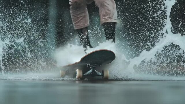 Skateboarder trick wet surface
