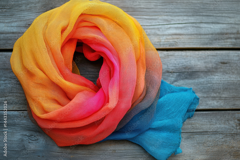 Poster colorful gradient scarf on wood. a vibrant scarf displaying a gradient of colors rests on a weathere