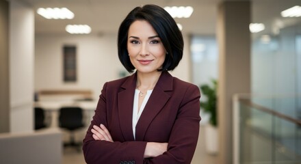 Woman in business attire stands with arms crossed in an office setting.