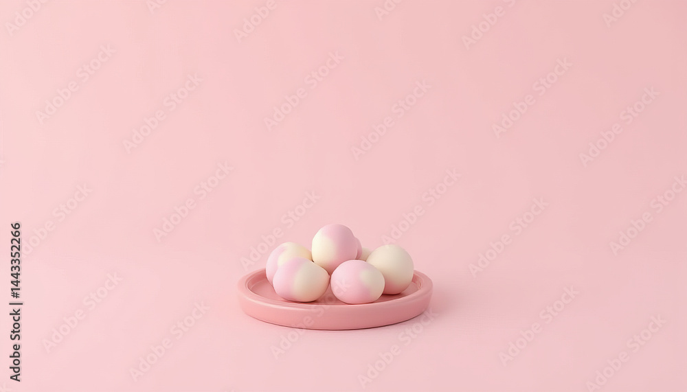 Poster soft pastel colored eggs on pink plate create calm and gentle mood in this minimalistic image