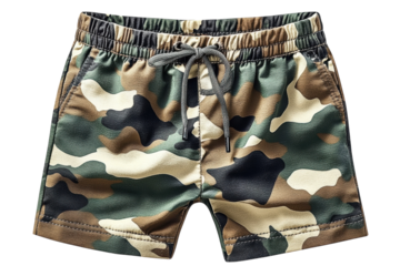 Stylish camo shorts perfect for summer adventures Featuring an elastic waistband drawstring on transparent background
