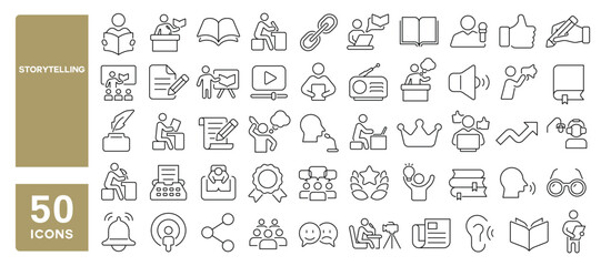 Set of 50 line icons related to storytelling, content creation, storyteller, influencer, podcast, reader, writing, stories, Editable stroke. Vector illustration