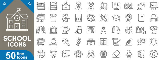 School line icons set. Backpack, classroom items, educational activities, books, school building, blackboard, pencil, calculator, notebook, paintbrush, teacher and more. Vector illustration