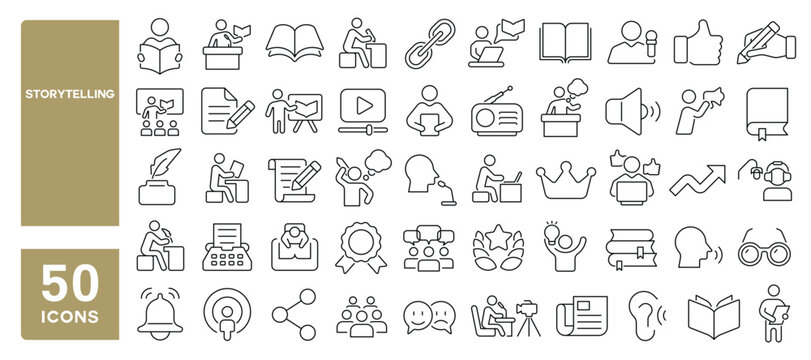 Set of 50 line icons related to storytelling, content creation, storyteller, influencer, podcast, reader, writing, stories, Editable stroke. Vector illustration