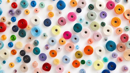 Colorful Yarn Spools Variety Arrangement on White Surface, Diverse Hues Textile Thread