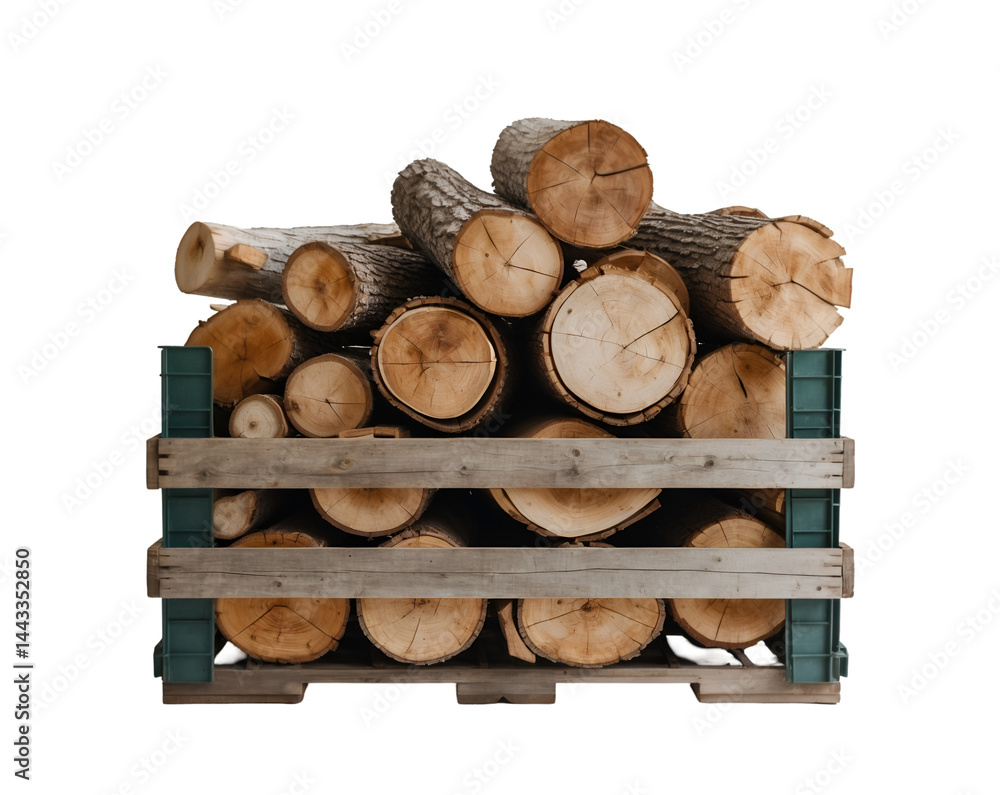 Poster captivating image of a crate overflowing with neatly split logs, presenting a rustic aesthetic and e