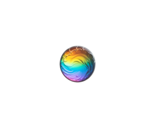 Captivating iridescent sphere showcasing swirling hues of rainbow colors and intricate patterns, resembling a magnified raindrop on a solid backdrop