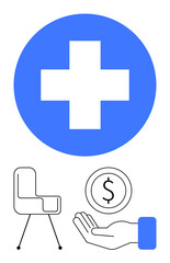 Blue medical cross, open hand with coin, modern chair symbolizing healthcare, finance, comfort, and support. Ideal for insurance, hospital, finance therapy well-being charity simple landing page
