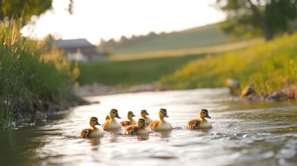 Ducklings in a stream, golden hour