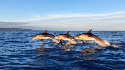 Obraz premium Three dolphins leaping gracefully in a turquoise ocean