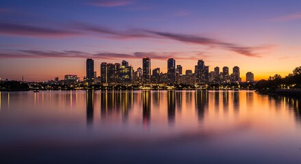 Fototapeta premium City Skyline Reflected in Water at Sunset
