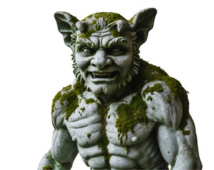 Fototapeta premium Captivating mosscovered gargoyle statue, isolated, showcases detailed craftsmanship and weathered texture, evokes a sense of ancient mythology and architectural antiquity