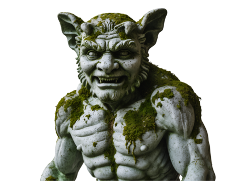 Captivating mosscovered gargoyle statue, isolated, showcases detailed craftsmanship and weathered texture, evokes a sense of ancient mythology and architectural antiquity