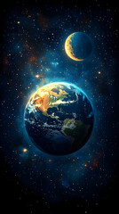 Obraz premium Earth and moon float in a vast cosmic sea of stars and nebulae painted with blues golds greens and whites