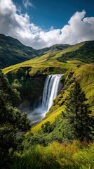 Majestic waterfall cascading down lush green hills under a vibrant blue sky