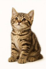 Obraz premium A cute tabby kitten sitting and looking up, isolated on a white background. Realistic photo capturing fine fur detail