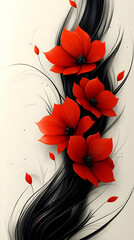 Red flowers cascade down framed by elegant black strokes on a neutral background minimalist beauty