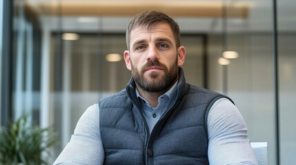 Fototapeta premium Confident bearded businessman wearing a puffer vest sits in a modern office looking directly at the camera.