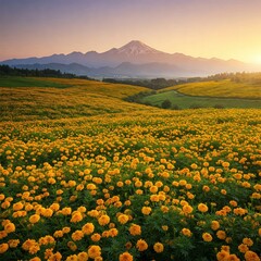 Obraz premium Marigold Valley and Snow Mountains at Spring Sunrise – 4K Ultra-HD Wallpaper | Spring image, spring background, spring wallpapers, spring images, spring wallpaper