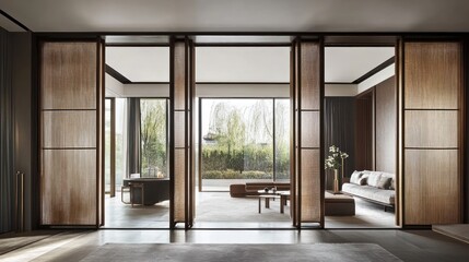 Modern minimalist living room with sliding doors, garden view, serene ambiance, home design