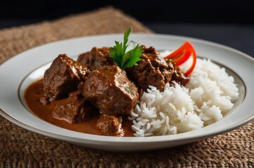 Savory Culinary Delight a close-up view of a plate of rich, flavorful curry, featuring tender meat cubes smothered in a fragrant, savory sauce, accompanied by a generous serving of fluffy, white rice.