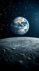 Earth rising over moon surface in a star filled sky continents and cloud patterns are clearly visible