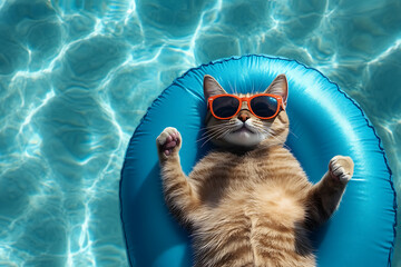 A relaxed cat wearing sunglasses floats on a blue pool float in a shimmering pool
