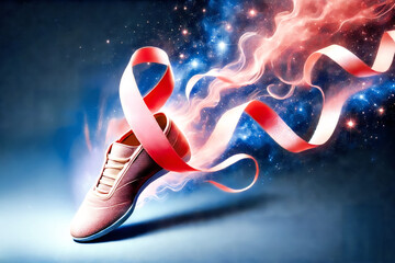 A pink sneaker with Breast Cancer Awareness ribbon laces floats through a vivid galaxy, blending fashion and fantasy in a surreal, luminous outer space setting.