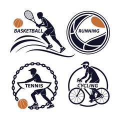 Set of Stylized Sports Icons Featuring Basketball, Running, Tennis, and Cycling .
