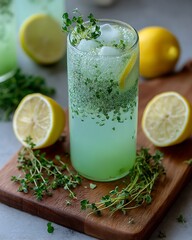 Fototapeta premium Icy lemon thyme beverage in tall glass on wooden board, lemons and herbs surrounding