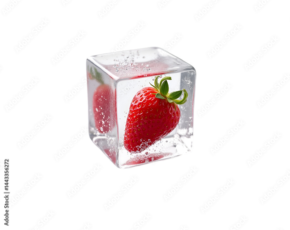 Poster captivating strawberry encased in a pristine ice cube, a visually stunning and refreshing image, per