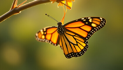 Fototapeta premium a monarch butterfly half-emerged from its chrysalis, wings still damp and unfolding. Golden morning light highlights its vibrant colors—symbol of transformation and survival